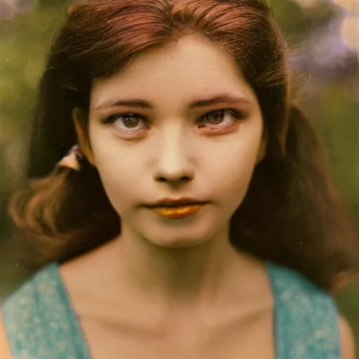 Prompt: portrait of a very pretty woman! symmetric face, petzval lens. featured on flickr, art photography, photo taken with provia, photo taken with ektachrome