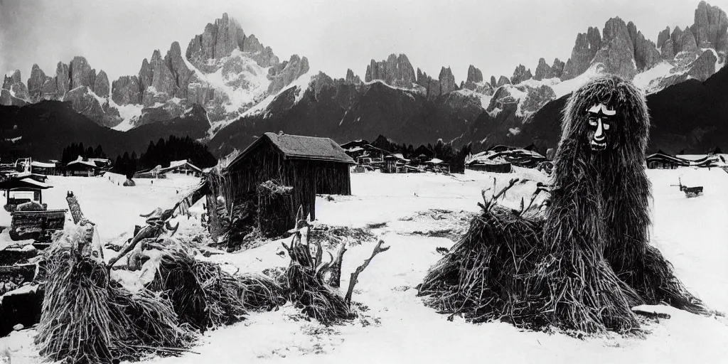 Image similar to 1 9 2 0 s photography of krampus hay monster burning on a pyre, submerged in snow, alpine huts and dolomites in background