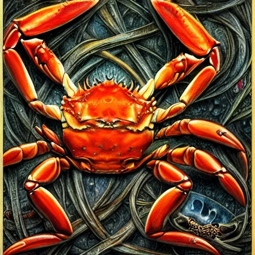 Image similar to detailed and sharp crab artwork, mystic style, detailed, 8 k, detailed, symmetrical, by brian froud