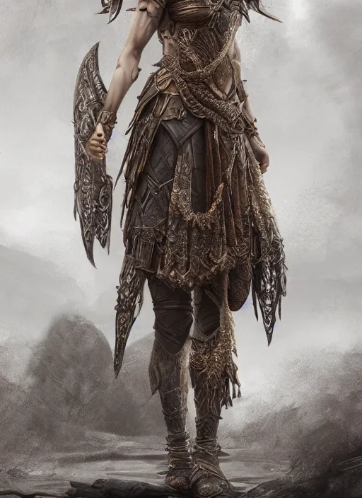 Prompt: detailed full body concept art illustration matte painting of a female warrior princess in full intricate clothing, ultra detailed, digital art, octane render, 4K, dystopian, micro details