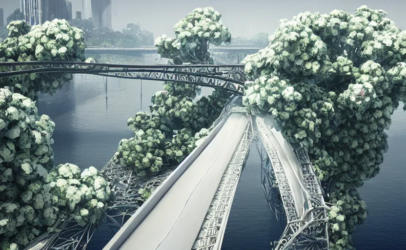 Image similar to explosions in the form of realistic white cotton plants on harbour bridge, huge white cotton plants everywhere on the destroyed harbour bridge, smooth, sharp focus, highly detailed, 3 d octane render, epic lighting, crazy atmosphere, lots of cotton plants, 8 k, by goro fujita