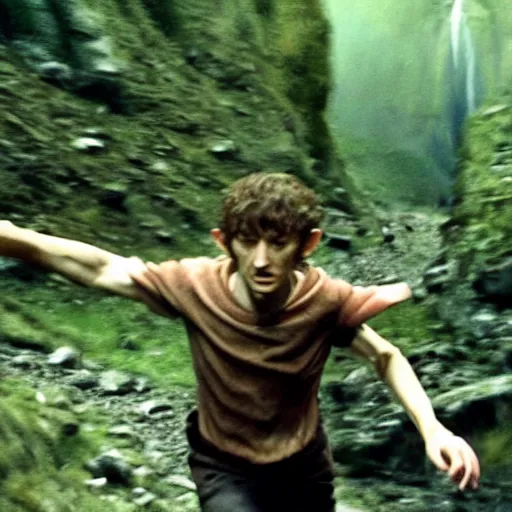 Image similar to Frodo running from gollum, action , go pro footage