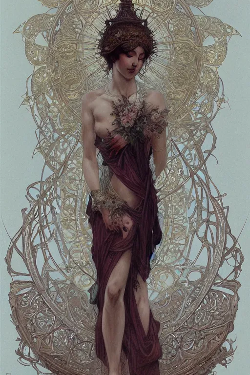Image similar to a full body portrait of a beautiful ethereal delicate mage queen meditative sacral pose catholic stages of the cross, intricate, elegant, highly detailed, digital painting, artstation, concept art, smooth, sharp focus, illustration, art by krenz cushart and artem demura and alphonse mucha