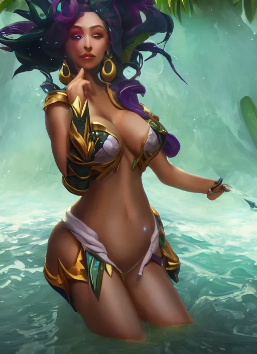 Image similar to qiyana, from league of legends, au naturel, bathing in the river, hyper detailed, digital art, trending in artstation, cinematic lighting, studio quality, smooth render, unreal engine 5 rendered, octane rendered, art style by klimt and nixeu and ian sprigger and wlop and krenz cushart