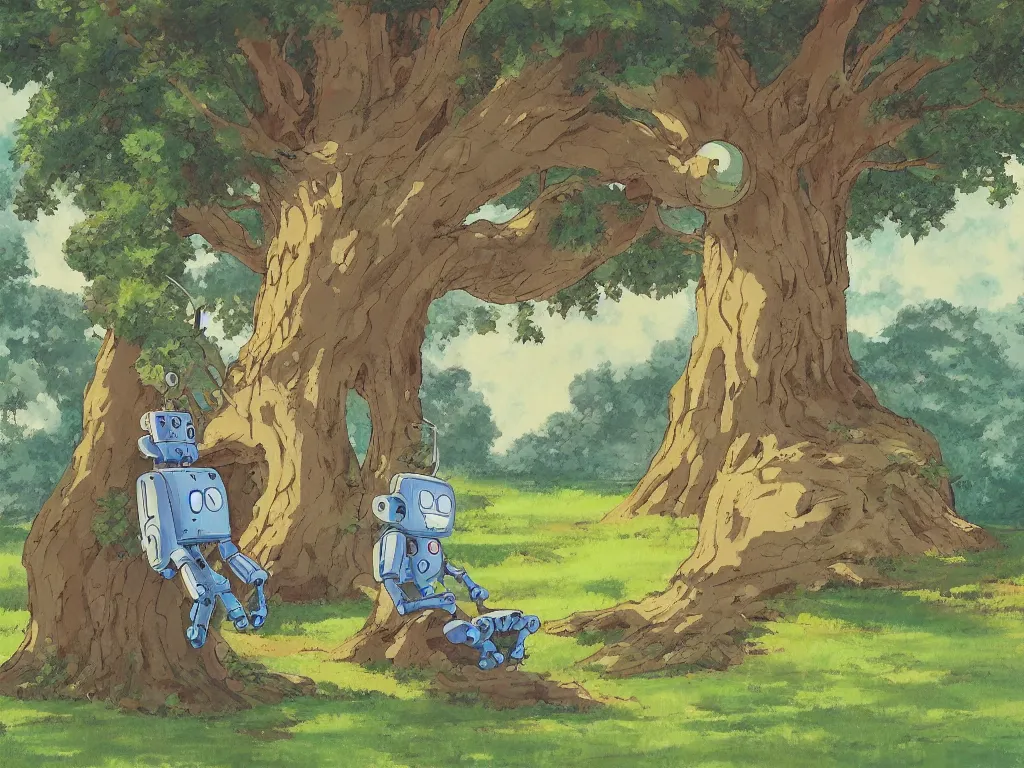 Image similar to painting of a robot sitting under a tree, in the style of Studio Ghibli, by Hayao Miyazaki