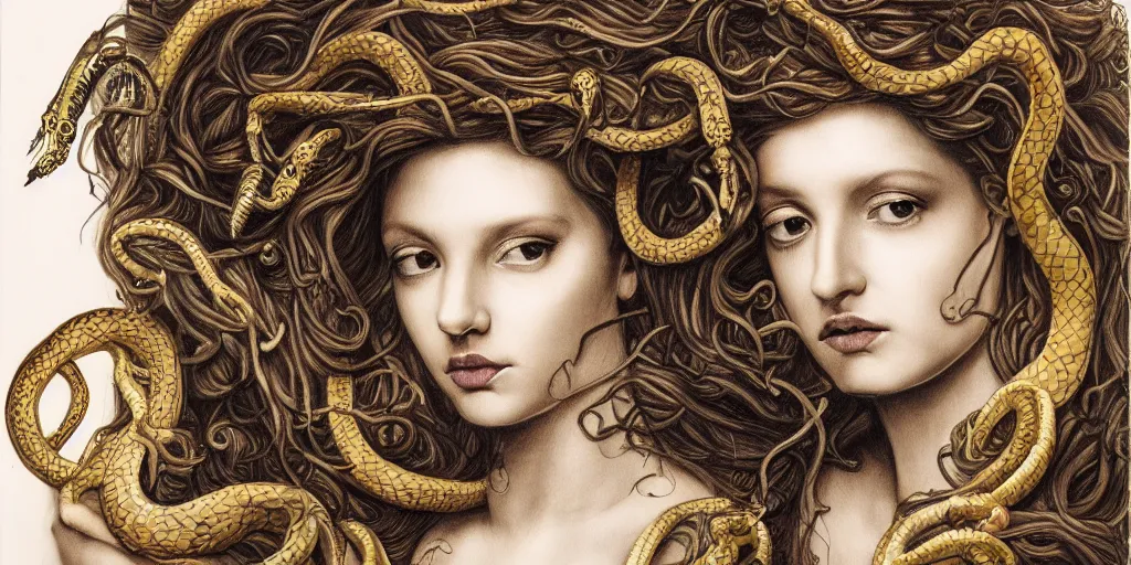 Image similar to realistic portrait of beautiful medusa with her snakes, golden, delicate, facing camera, hyper realism, 1 4 5 0, ink, ultra realistic, 8 k