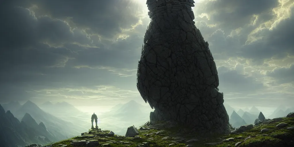 Image similar to giant stone colossus standing on summit of a mountain, forest and valley below, ultra high definition, ultra detailed, symmetry, god rays, sci - fi, dark fantasy, by greg rutkowski