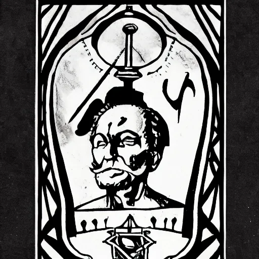 Image similar to tattoo design, stencil, a tarot card of a old man resting on a sword