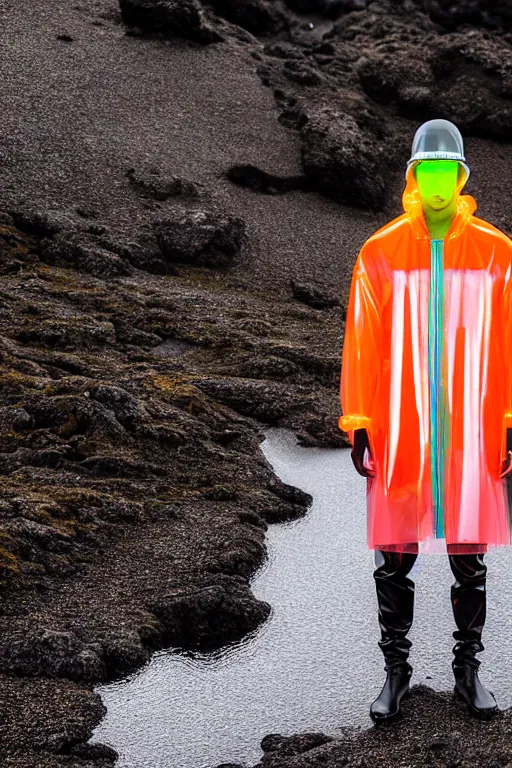 Image similar to an ultra high definition professional high fashion portrait studio full length photograph of a male model wearing a transparent pearlescent raincoat and neon visor in an icelandic black rock environment at dawn. no artefacts. extremely detailed. stark. refraction. shallow depth of field. volumetric light and shadow. ray tracing. light rays.