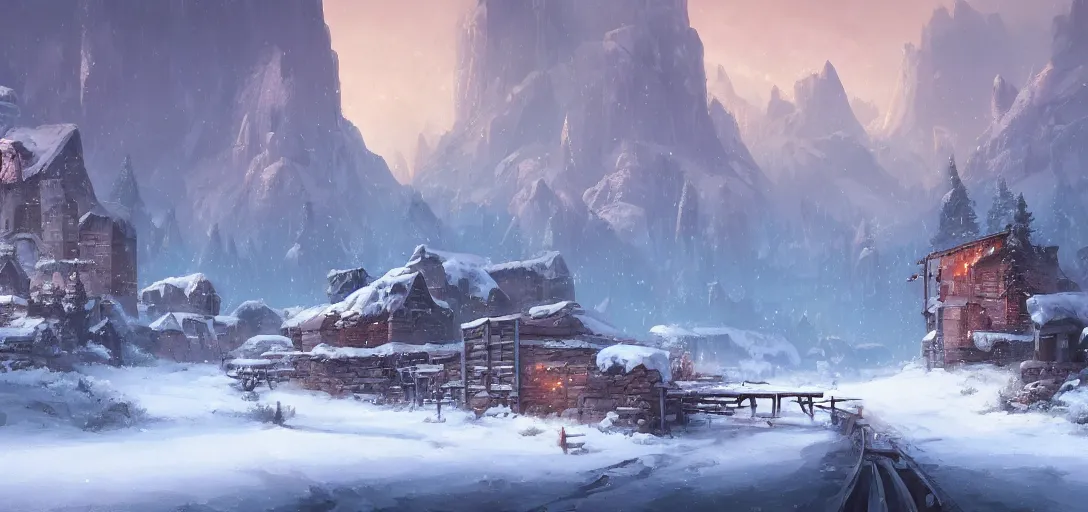 Prompt: snowy northern frontier town with palisade walls, tall pine forest and mountains in background, fantasy art, Jordan Grimmer, Noah Bradley