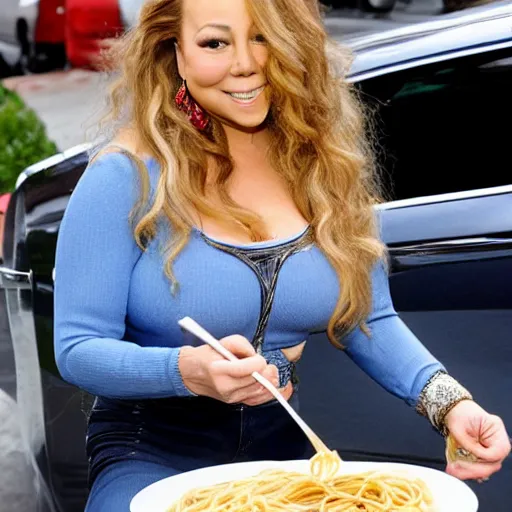 Image similar to mariah carey eating spaghetti, outside in parking lot