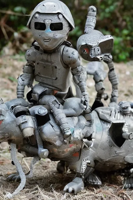 Image similar to tiny humanoid robots riding cats into war.