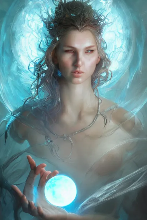 Image similar to portrait of a beautiful elf casting magic spell throwing magic crystal ball, angel, fantasy, dramatic lighting, highly detailed, digital painting, holding electricity, magic the gathering, hyper detailed, 3 d render, hyper realistic detailed portrait, peter mohrbacher, wlop, ruan jia
