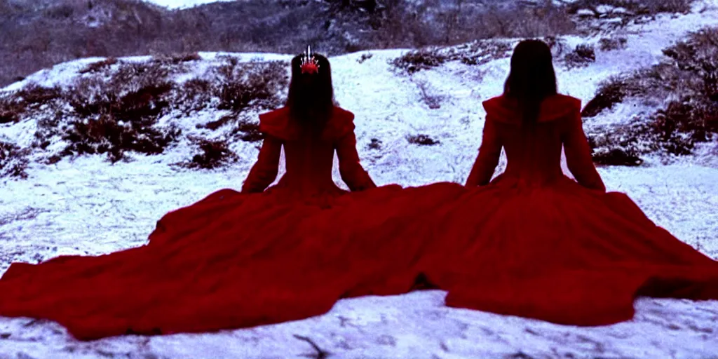 Image similar to film still of closeup a woman in a red dress, sitting on a throne. on a mountain of dead knights. one knight standing on one knee below by emmanuel lubezki