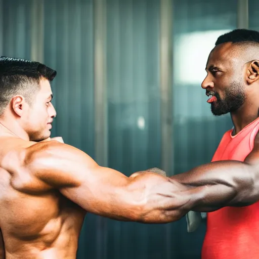 Prompt: two muscular menshaking hands in a way that looks like they are arm wrestling. sigma 8 5 mm f / 1. 4