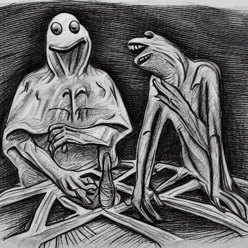 Image similar to Kermit the Frog in the deepest circle of Hell, in the style of the Divine Comedy by Dante Alighieri, pencil sketch