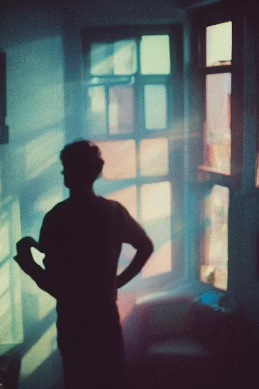 Prompt: agfa vista 4 0 0 photograph of a guy standing in a cluttered bedroom, back view, synth vibe, vaporwave colors, lens flare, moody lighting, moody vibe, telephoto, 9 0 s vibe, blurry background, grain, tranquil, calm, faded!,