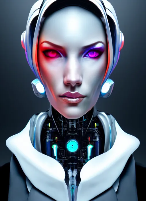 Prompt: portrait of a cyberpunk robot woman by Artgerm, biomechanical, hyper detailled, diffuse atmosphere, trending on artstation