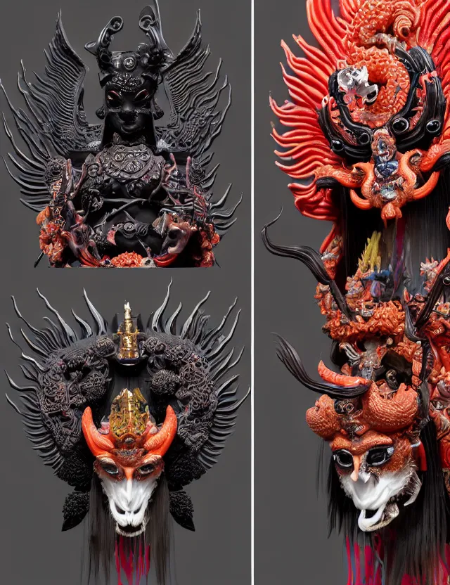 Image similar to 3 d goddess close - up profile satan biohazard portrait with crown, ram skull. beautiful intricately detailed japanese crow kitsune mask and clasical japanese kimono. betta fish, jellyfish phoenix, bio luminescent, plasma, ice, water, wind, creature, artwork by tooth wu and wlop and beeple and greg rutkowski