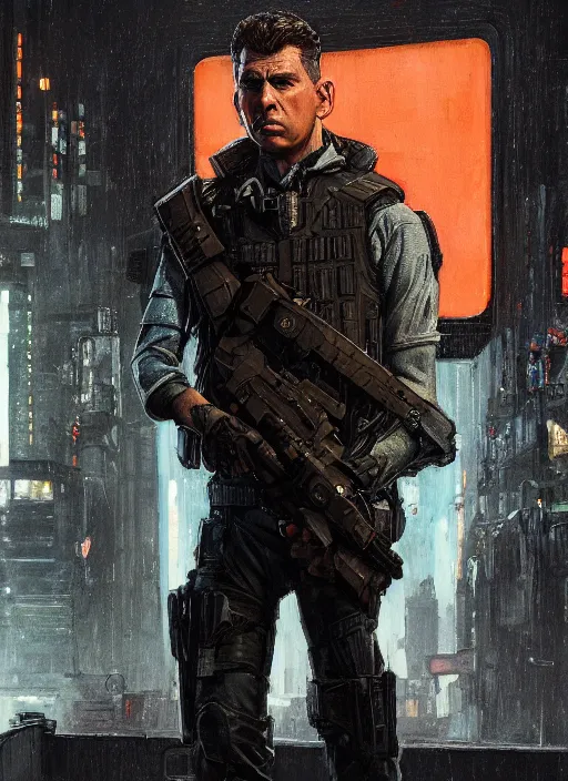 Image similar to andy griffith. cyberpunk police trooper in a military vest ( blade runner 2 0 4 9, cyberpunk 2 0 7 7 ). orientalist portrait by john william waterhouse and james gurney and theodore ralli and nasreddine dinet, oil on canvas. cinematic, hyper realism, realistic proportions, dramatic lighting, high detail 4 k