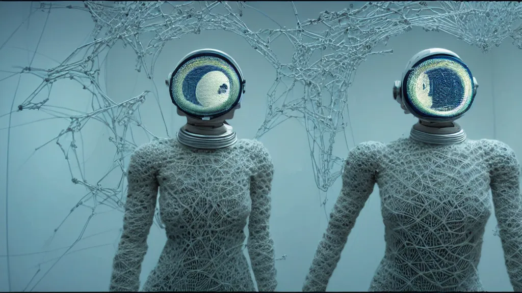 Image similar to a cybernetic symbiosis of a single astronaut eva suit made of wearing knitted yarn thread infected with diamond 3d fractal lace iridescent bubble 3d skin covered with insectoid compound eye camera lenses floats through the living room, film still from the movie directed by Denis Villeneuve with art direction by Salvador Dalí, wide lens,