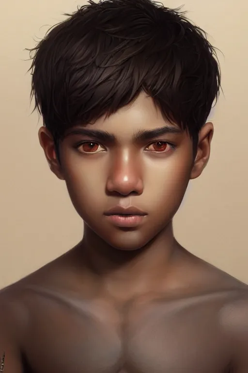 Image similar to young teenager boy with straight short brown hair, dark skin, big lips. highly detailed, d & d, fantasy, highly detailed, digital painting, trending on artstation, concept art, sharp focus, illustration, art by artgerm and greg rutkowski and fuji choko and viktoria gavrilenko and hoang lap