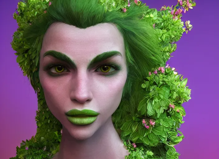 Prompt: Fantasy Alrune androgynous plant humanoid with flowers in hair green goponga flower plant body plant by Larry Elmore and Ilya Kushvikov, hulk green skin, symmetrical face concept art, octane render unreal engine meta humans, artstation