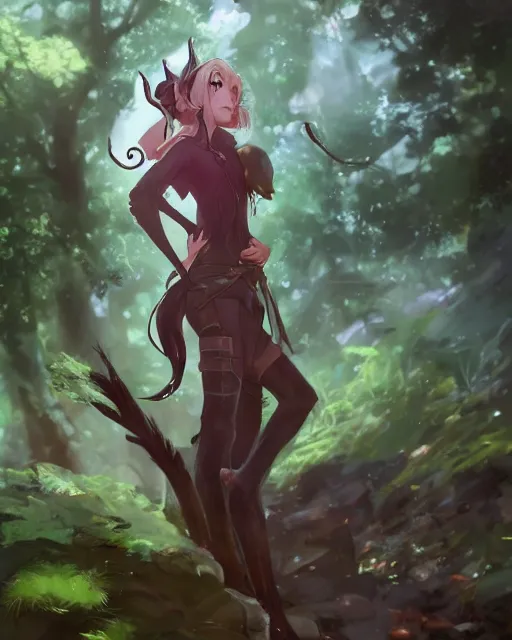 Image similar to an elven girl with a big skunk tail standing in the forest, atmospheric lighting. By Makoto Shinkai, Stanley Artgerm Lau, WLOP, Rossdraws, James Jean, Andrei Riabovitchev, Marc Simonetti, krenz cushart, Sakimichan, D&D trending on ArtStation, digital art.