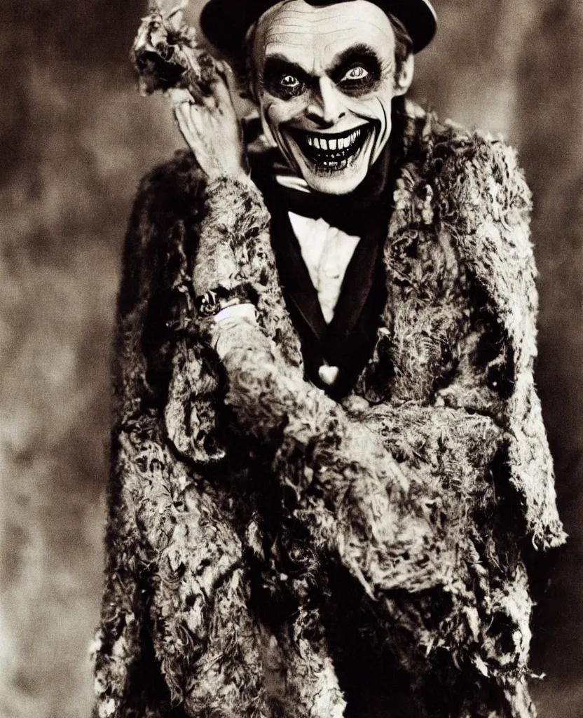 Prompt: colorized photograph of conrad veidt the man who laughs wide grin, award winning colorized photo, sharp color palette