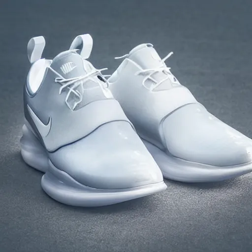 Prompt: a futuristic white nike shoe inspired by spaceship interiors with technical mech details and translucent materials, hyper realistic soft light commercial photography