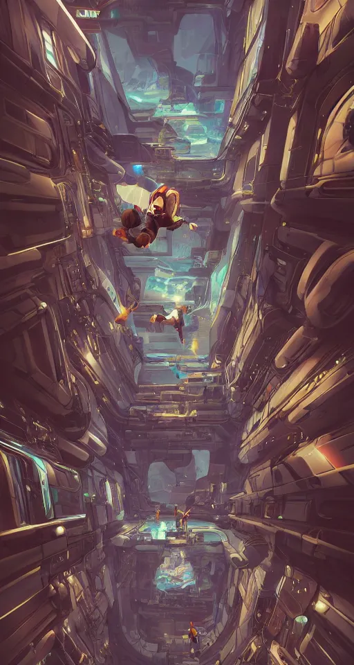 Image similar to A beautiful artwork illustration, level design, third person, a parkour course in a space ship, featured on artstation, wide angle, vertical orientation