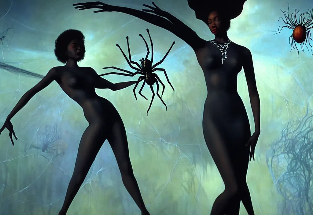 Image similar to realistic detailed portrait movie shot of a beautiful black woman in a transparent sheer fabric dress dancing with a giant spider, futuristic sci fi landscape background by denis villeneuve, monia merlo, yves tanguy, ernst haeckel, alphonse mucha, max ernst, caravaggio, roger dean, sci fi necklace, masterpiece, dreamy, rich moody colours