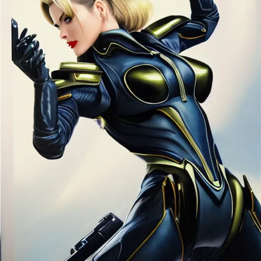 Prompt: A combination of Ada Wong's and Grace Kelly's and Ashley Greene's appearances with blonde hair wearing Interceptor's armor from Anthem, high tech, action shot, angular, full body portrait, futuristic, dramatic, fantasy, intricate, elegant, highly detailed, artstation, matte, sharp focus, 8K, art by Donato Giancola and James Gurney