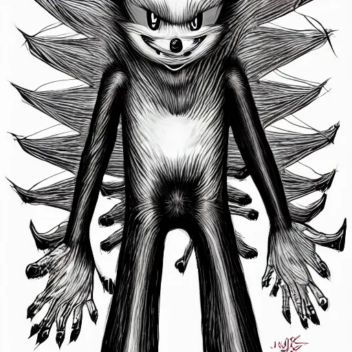 Prompt: low angle shot of a horrifying sonic the hedghehog, by Junji ito in the style of h r gieger, intricate, elegant, highly detailed, centered, digital painting, artstation, concept art, smooth