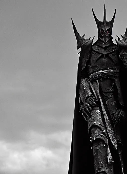 Prompt: the dark lord sauron, in the style of akira kurosawa, cinema, sharp focus, black and white, film grain, photographic