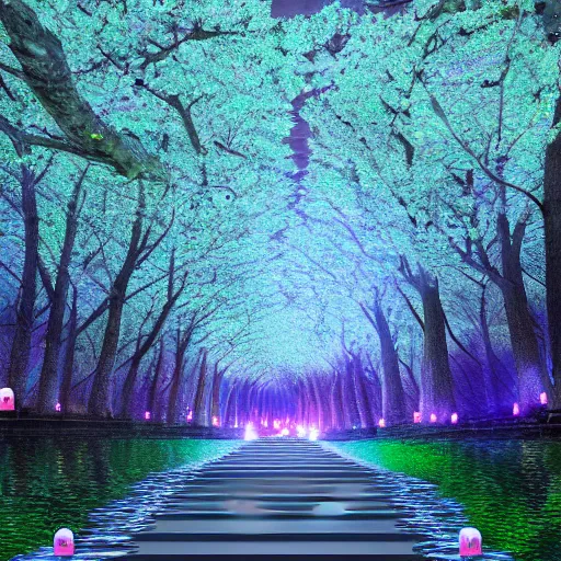 Image similar to photorealistic beautiful cherry blossom forest with paper lanterns illuminating the stone pathway. hyperdetailed photorealism, 1 0 8 megapixels, river, amazing depth, glowing rich colors, powerful imagery, psychedelic overtones, 3 d finalrender, 3 d shading, cinematic lighting, artstation concept art