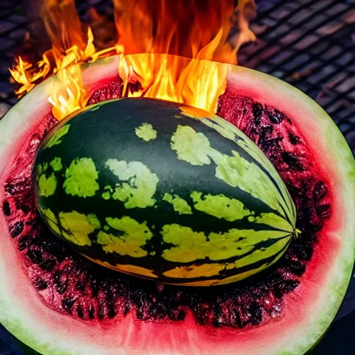 Prompt: watermelon up in flames, fire, burning