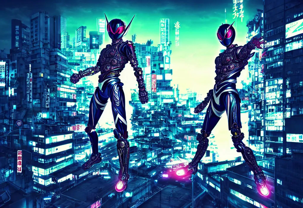 Image similar to kamen rider action pose, human structure concept art, human anatomy, full body hero, intricate detail, hyperrealistic art and illustration by lim haksu, a. k. a limha lekan a. k. a maxx soul, global illumination, blurry and sharp focus, on tokyo cyberpunk night rooftop, frostbite engine