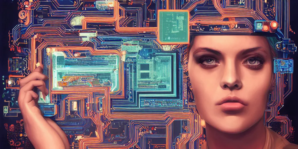 Image similar to portrait of computer & circuits, 8 k, by tristan eaton, trending on deviantart, face enhance, hyper detailed, minimalist, super detailed, cinematic, unreal engine, octane render, chalk texture on canvas