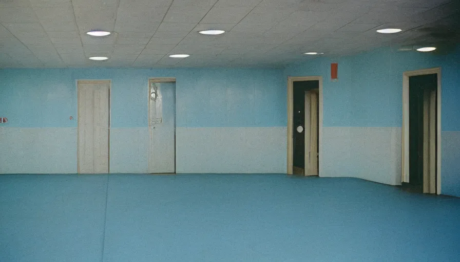 Prompt: 60s movie still of a sovietic stalinist style empty ballroom with one toilet and light blue tiles floor, cinestill 800t 50mm eastmancolor, liminal Space style, heavy grain-s 150