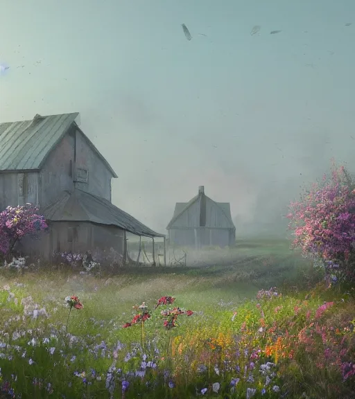 Image similar to a matte painting of a biroremediation architecture, prairie, cottage town, foggy, patchy flowers, oil painting, pale colors, high detail, 8 k, wide angle, trending on artstation,