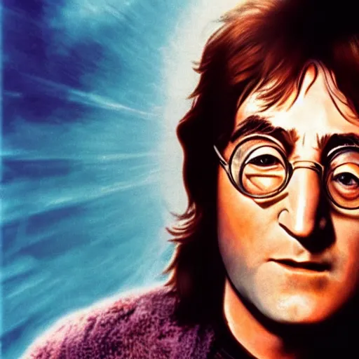 Image similar to dramatic movie poster of John Lennon throwing a fully charged spirit bomb