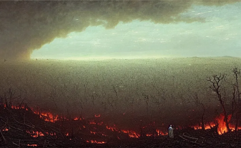 Image similar to a plague of locusts over burning forest. desolate landscape. fields on fire. greg rutkowski gustave dore caspar david friedrich dystopian hyperdetailed landscape. millions of tiny locusts in the sky