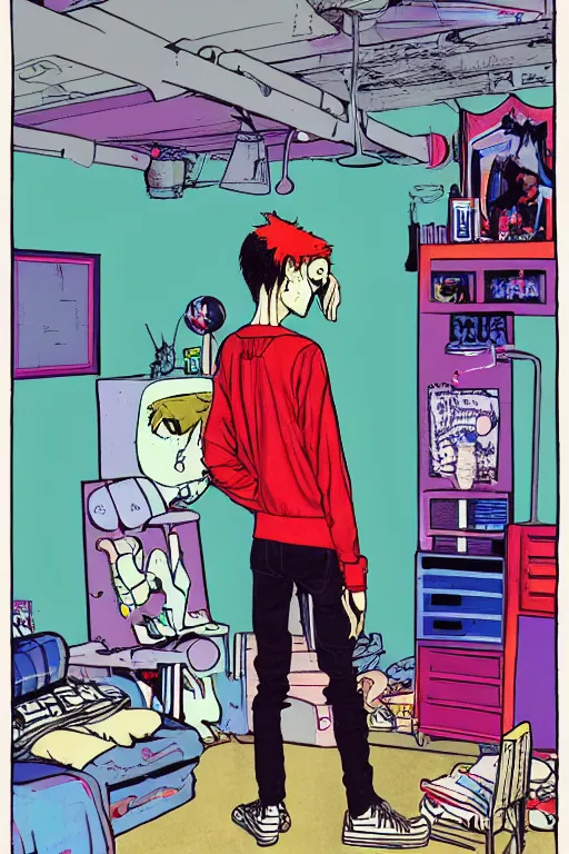 Image similar to a skinny goth guy standing in a cluttered 9 0 s bedroom by jamie hewlett, back view, jamie hewlett art, full body character concept art, vaporwave colors,