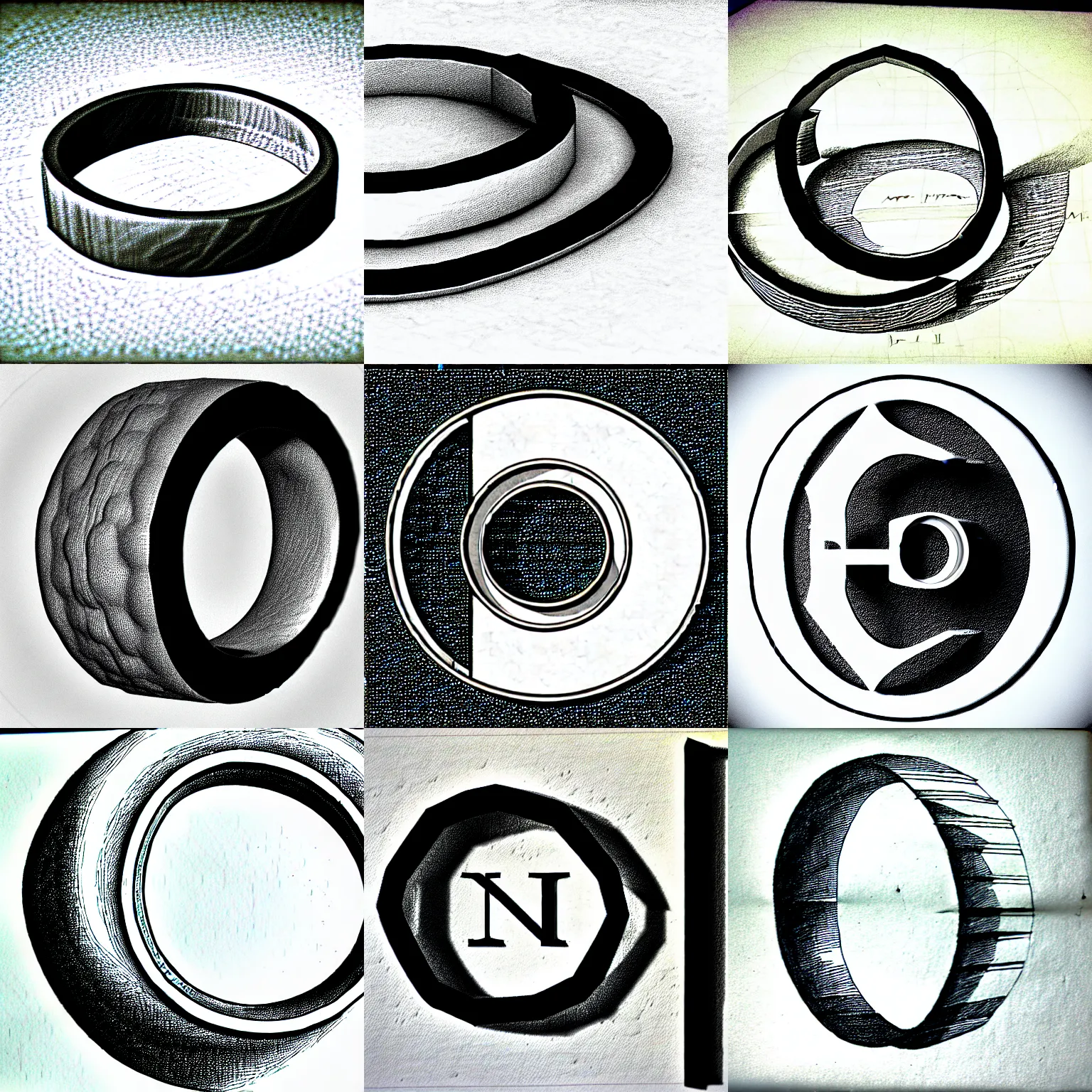 Prompt: capitalized letter n with a ring encircling it, 3 d, black and white, davinci sketch, schematics