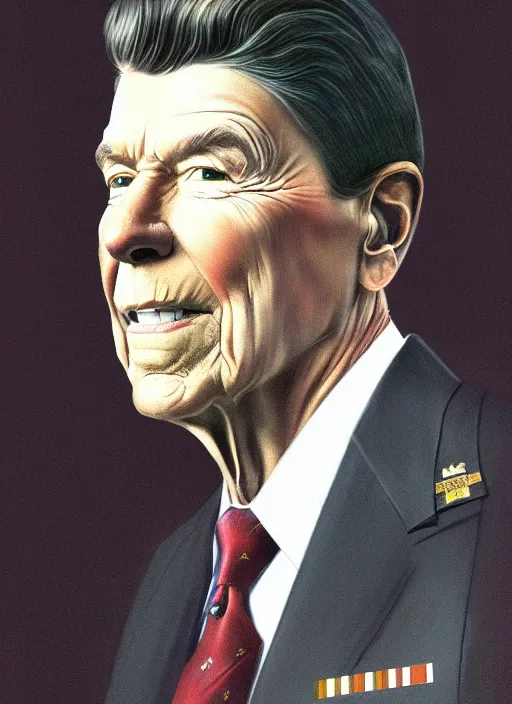 Prompt: hyperrealistic full body portrait of ronald reagan, highly decorated uniform, portrait, highly detailed, hyperrealistic, digital painting, artstation, concept art, smooth, sharp focus, illustration, cinematic lighting, art by artgerm and greg rutkowski and alphonse mucha