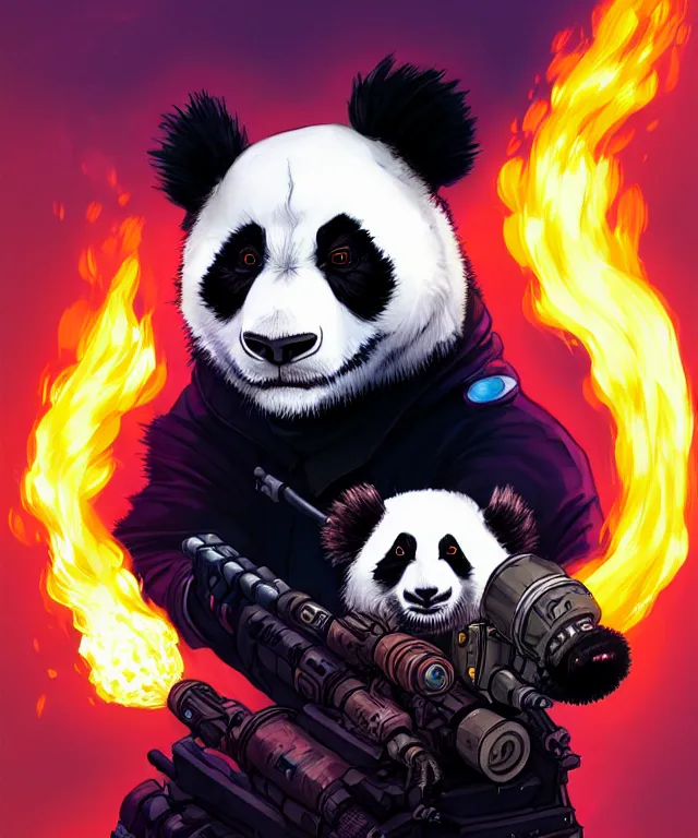 Image similar to a portrait of a cyberpunk panda holding a flamethrower, fantasy, elegant, digital painting, artstation, concept art, matte, sharp focus, illustration, art by josan gonzalez