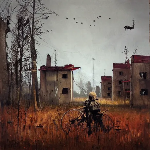 Image similar to painting by jakub rozalski of an abandoned post soviet town infested with root monsters