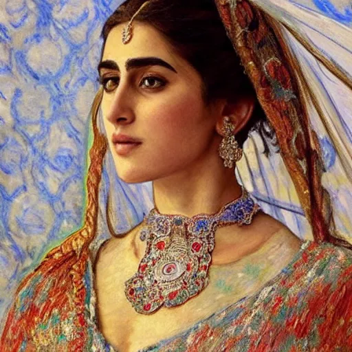 Image similar to full body portrait of a beautiful Kurdish bride wearing a beautiful wedding dress, very detailed eyes, hyperrealistic, beautiful and symmetrical face, very detailed painting by Claude Monet and Alphonse Mucha, trending on artstation, extremely high detail, incredibly intricate