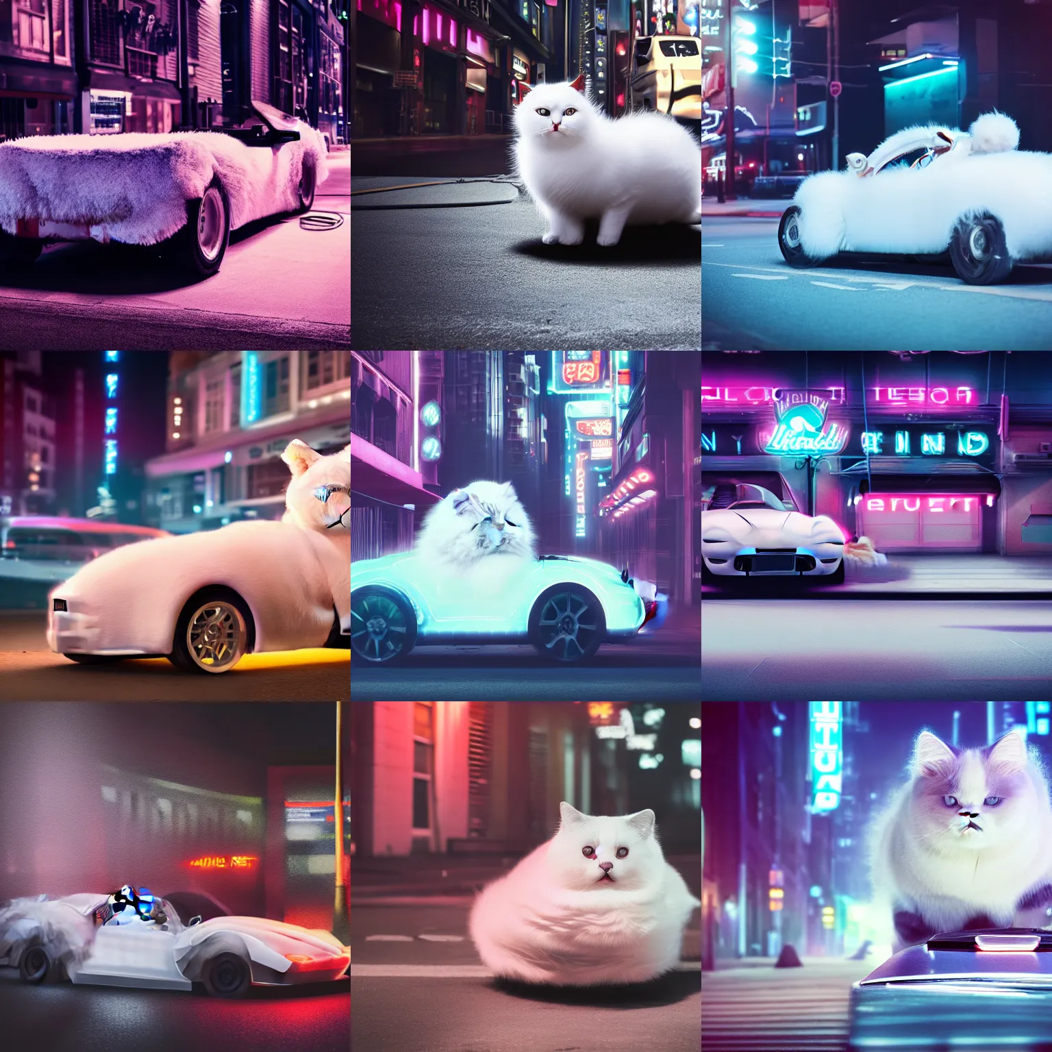 Prompt: a fluffy roadster covered with white fur and looked like a British Shorthair cat, parking in the street, Cyberpunk, neon light, 4k, hd, highly detailed